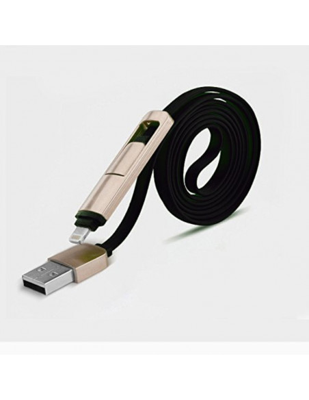 Cable USB FLAT 1m Ficha 2 en 1 (MicroUSB/iPhone7) Negro