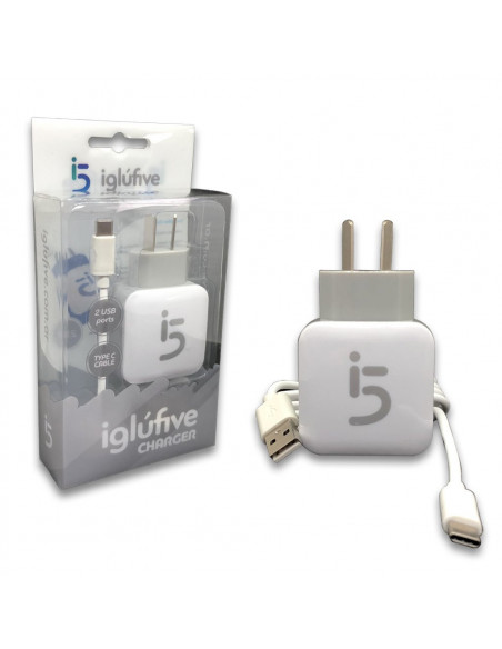 Cargador Premium iGluFive 2.1A - 2 Salida USB + Cable Type-C