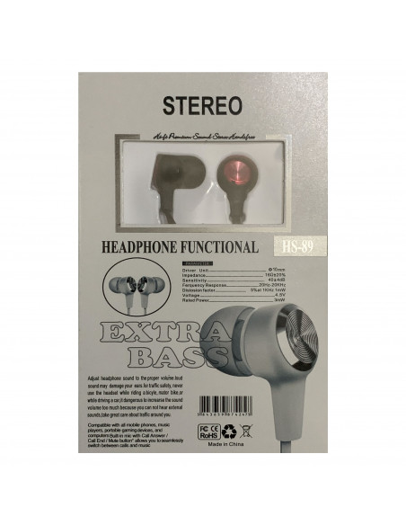 Auricular ML HS-89 Extra Bass Cable Plano FichaColor Rojo