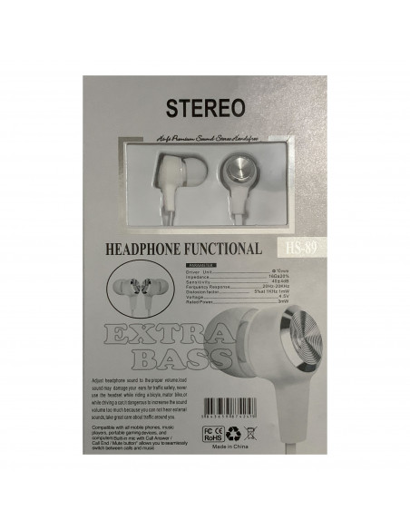 Auricular ML HS-89 Extra Bass Cable Plano FichaColor Blanco