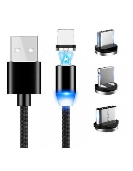 Cable USB Imantado Carga Rapida 2A 3x1 (Lighting MicroUSB Type-C)