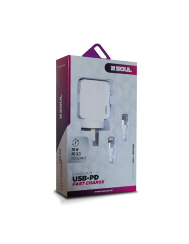 Cargador USB-C 20W  + USB 12W + Cable USB-C a Lighting
