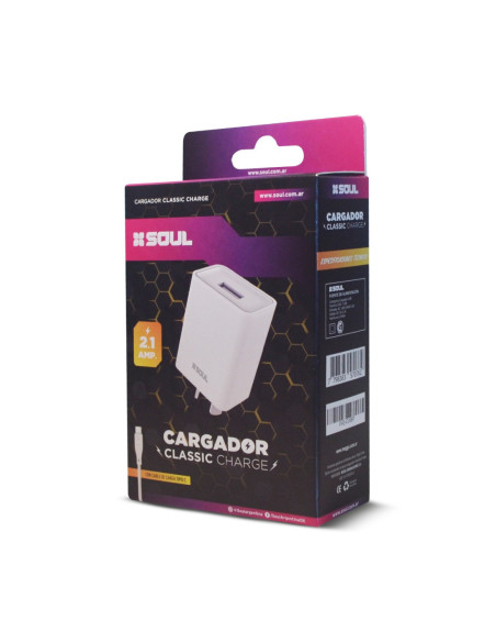 Cargador Viajero 220v Salida CLASSIC USB 2.1A Blanco + Cable MicroUSB