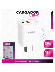 Cargador PD+USB QC USB-C 20W Sin Cable