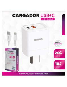 Cargador PD+USB QC USB-C 20W + Cable USB-C a Lighting