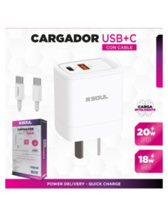 Cargador PD+USB QC USB-C 20W + Cable USB-C a USB-C